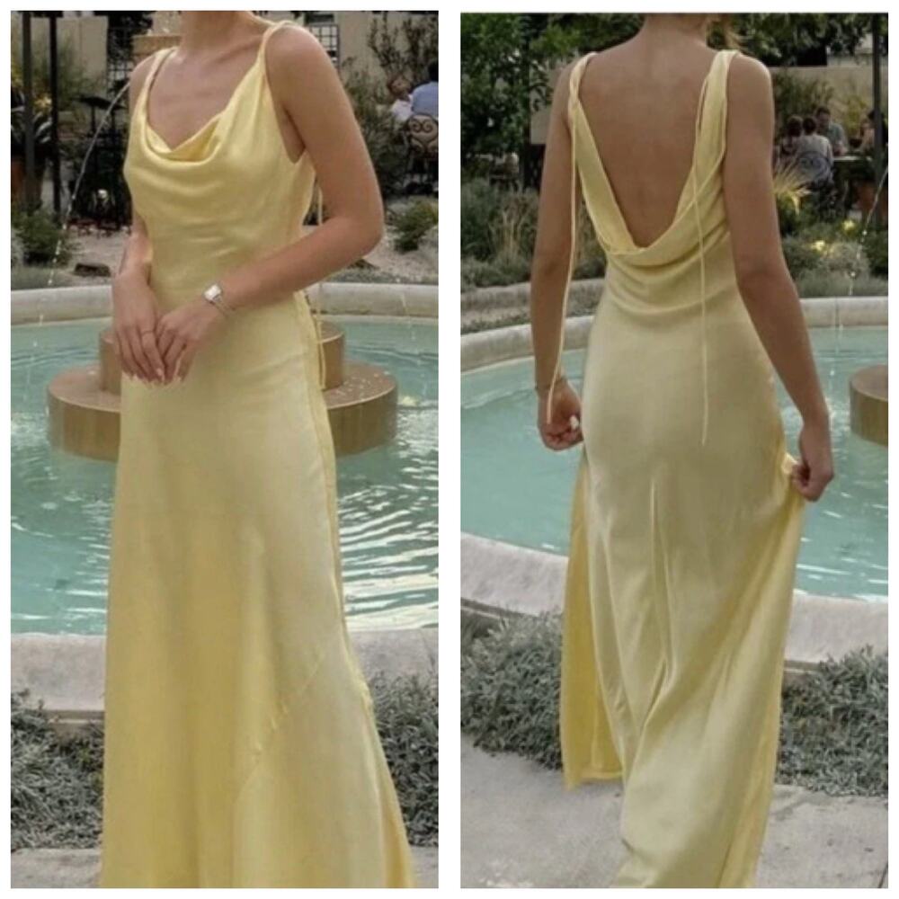 Zara Butter Yellow Satin Cowl Neck Midi Slip Dress Size Large Cocktail Wedding